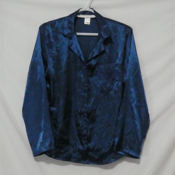 LA VIE EN ROSE | medium | Blue Silky Satin Button-Up Pajama Top - Picture 1 of 14